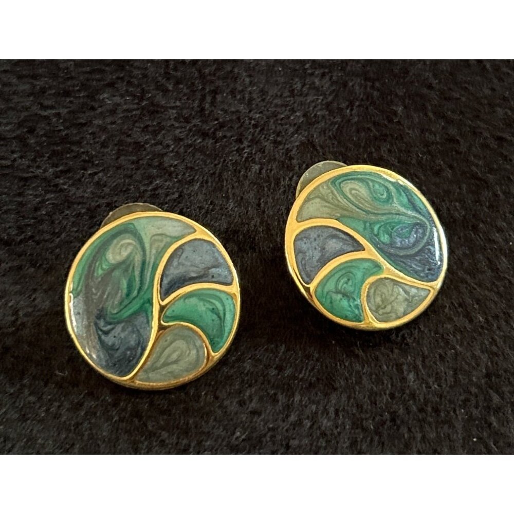 Vintage Blue Green Swirl Enamel Gold Tone Disc Earrings 1" Pierced